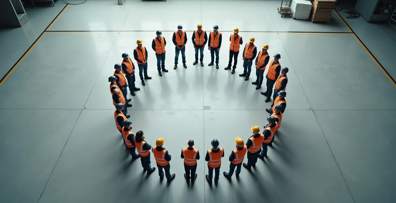 Vue aérienne d'employés formant un cercle de discussion sur site industriel