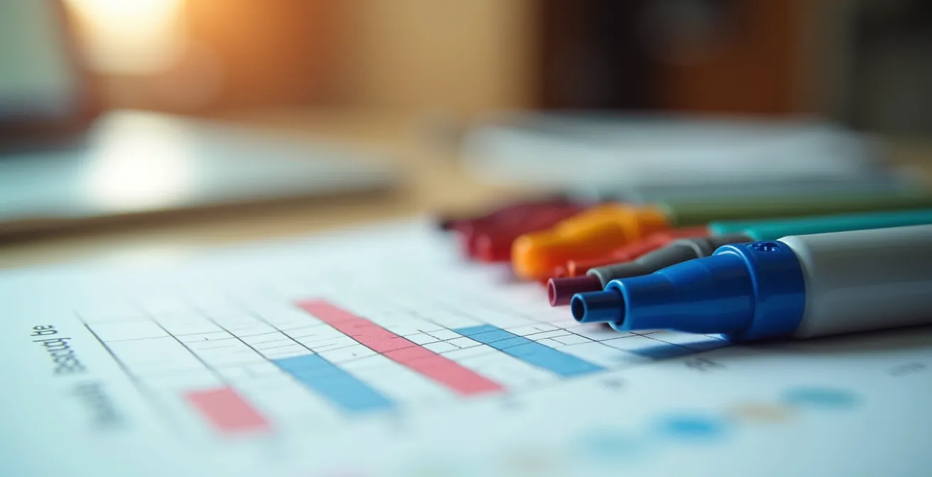 Détail macro d'une matrice de progression avec textures de papier et marqueurs colorés